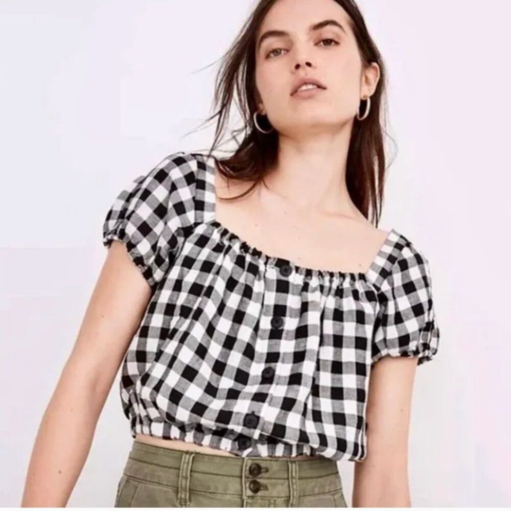 Madewell | Black White Gingham Puff Sleeve Crop Top Size Small